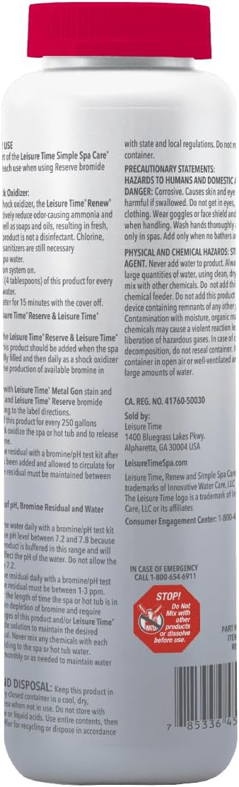 Leisure Time RENU2 Renew Non-Chlorine Shock Treatment, Non-Chlorine Oxidizer for Hot Tubs and Spas, Restores Water Clarity and Freshness, Gentle on Skin, 2.2 lbs - Image 2