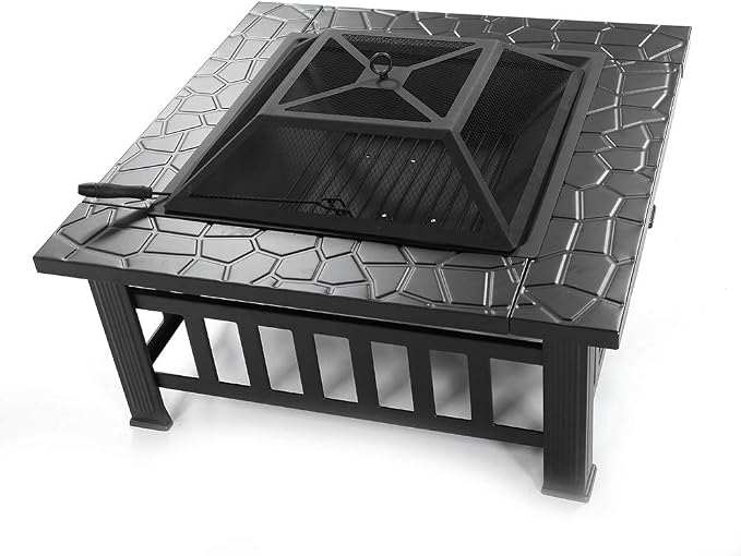 32in Outdoor Metal Firepit Square Table Backyard Patio Garden Stove Wood Burning Fire Pit with Spark Screen, Log Poker and Cover - Image 3