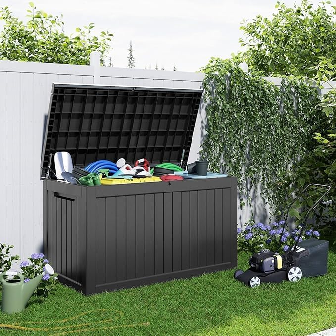 PatioZen 230 Gallon Resin Deck Box, Lockable Patio Outdoor Storage Box for Furniture, Garden Tools and Tools Storage, Waterproof Outside Storage Boxes - Black - Image 6