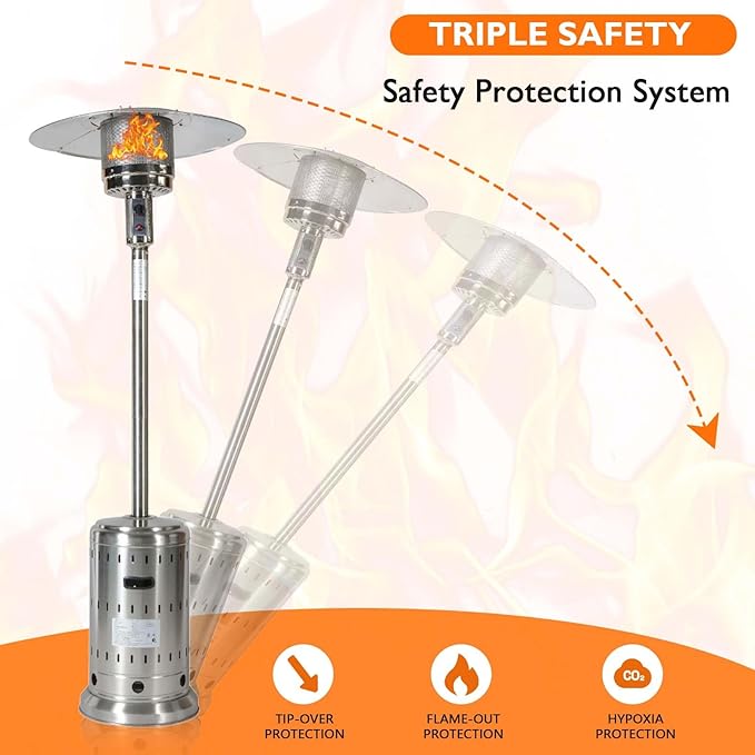 48,000 BTU Propane Patio Heater for Outdoor Use with Wheels and Cover, Stainless Steel Burner for outdoor use, Triple Protection System, Garden Commercial Residential(Silver)