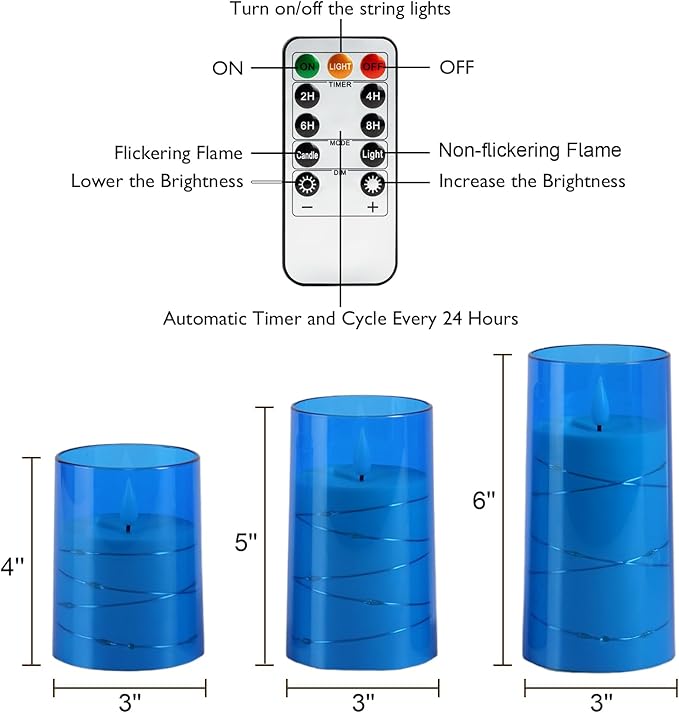 Homemory Flameless Candles with Embedded Star String Fairy Lights, Battery Operated Candles, LED Candle, Fake Candles with Remote Control and Timer, Blue, Set of 3(H 4" 5" 6?€?)