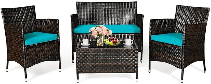 HAPPYGRILL 4-Piece Patio Furniture Set Rattan Wicker Conversation Set with Cushioned Sofa and Coffee Table for Outdoor Backyard Garden Poolside