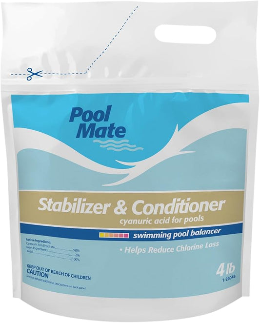 Pool Mate 4-Pounds Premium Pool Stabilizer and Conditioner, Concentrated Cyanuric Acid for Pools, Helps Chlorine Last Longer by PoolMate