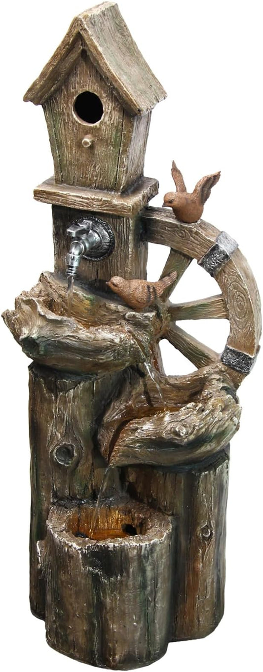 YZM 38.38" H Water Fountain Outdoor Garden 3-Tier Birdhouse Waterfall Fountain with Faucet Tree Trunk Indoor Floor Cascading Water Feature with LED Lights for Patio Yard Home Backyard Decor