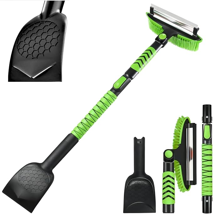 ShouRong Snow Shovel & Ice Scrapers for Car Windshield, Snow Brush and Ice Scraper with Squeegee, Snow Removal Tool, Winter Car Accessories,Extendable Aluminum Handle, 180°Pivoting Brush Head, Green by ShouRong