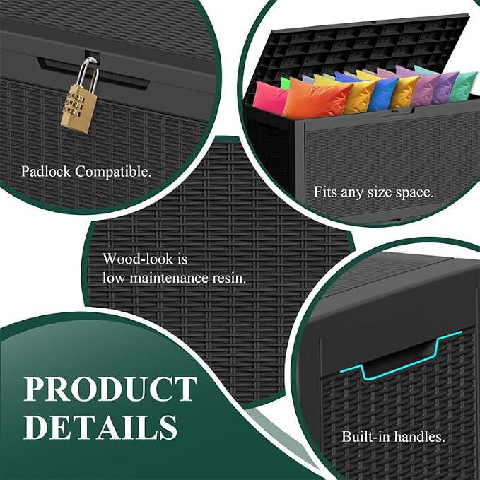 PatioZen 120 Gallon Resin Deck Box, Lockable Weatherproof Outdoor Storage Box for Furniture, Garden Tools and Tools Storage, Waterproof Outside Storage Boxes - Black - Image 6
