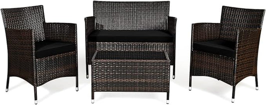 HAPPYGRILL 4 Pieces Patio Sofa Set Rattan Wicker Furniture Patio Conversation Set with Cushioned Sofa and Coffee Table for Outdoor Backyard Garden Poolside