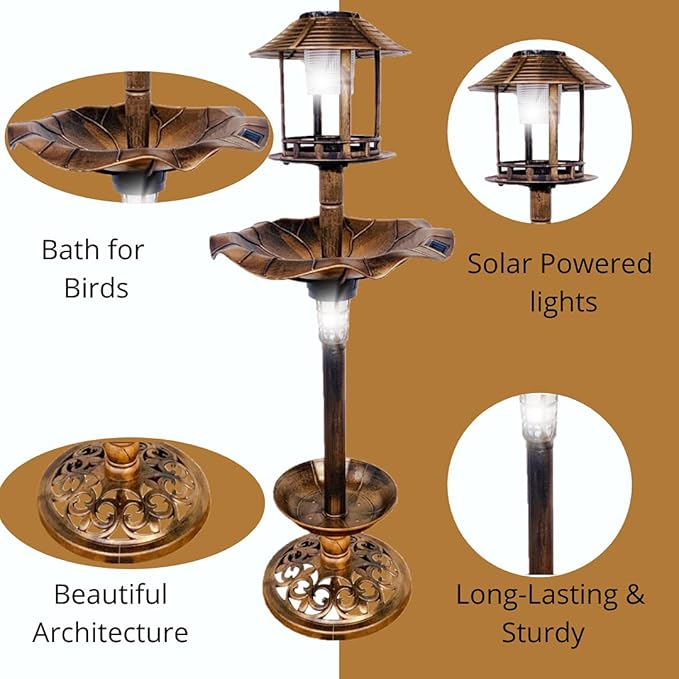 BTEXPERT Outdoor Solar Garden Bird Bath Vintage Lighted Pedestal Fountain Flower Birdbath Planter Accents Decoration Yard Statue Feeder, Decorative Cage, Fillable Stand Polyresin