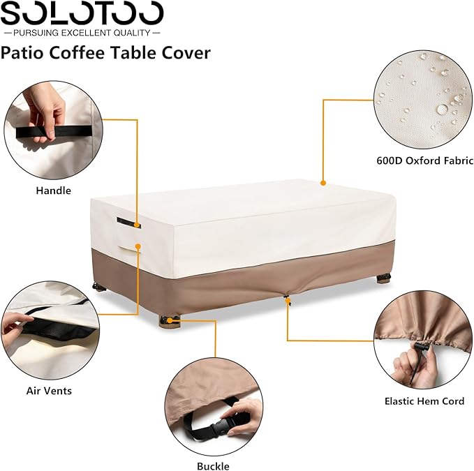 Outdoor Coffee Table Cover Waterproof, Heavy Duty Patio Rectangular Side Table Covers, 48W x 28D x 16H Inches Outdoor Tables Cover (Beige) - Image 4