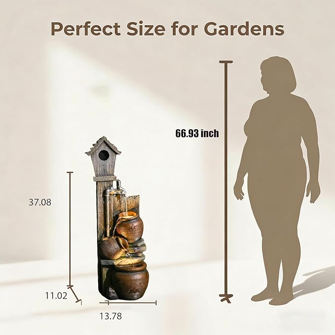 Water Fountain Birdhouse Outdoor Fountain, 37" Tall Garden Fountain Tiered Waterfall Fountain with Cascading Pots, Farmhouse Water Feature for Patio Backyard Yard Lawn Garden Decor