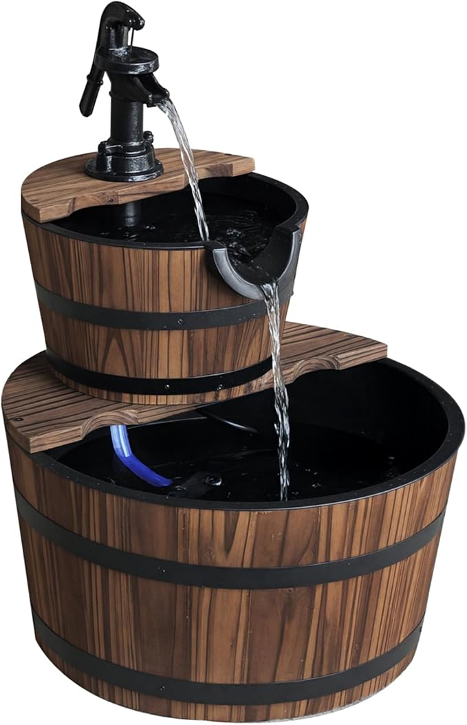 Outsunny Wood Freestanding Fountain with 2 Tier Waterfall Barrel, Electric Pump for Garden Decor, Lawn, Backyard