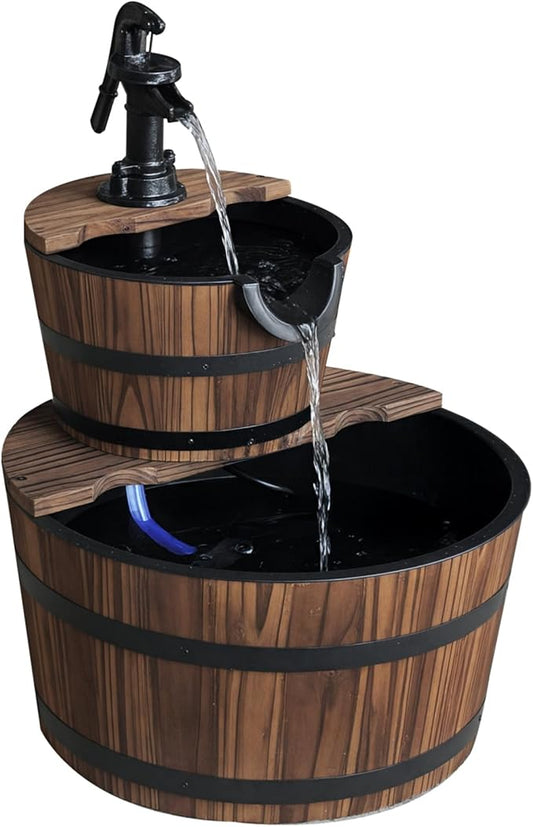 Outsunny Wood Freestanding Fountain with 2 Tier Waterfall Barrel, Electric Pump for Garden Decor, Lawn, Backyard