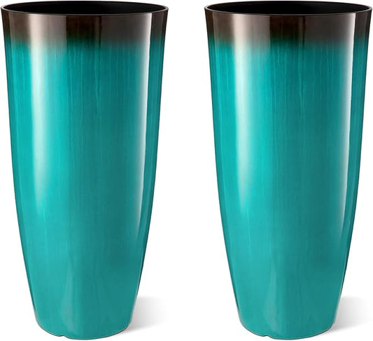 Glitzhome 30" H Tall Outdoor Planter, Set of 2 Large Tall Planters with Gradient Turquoise Faux Ceramic Finish, Plastic Large Flower Pots for Porch Garden Indoor All Season Decor,with Drainage Holes