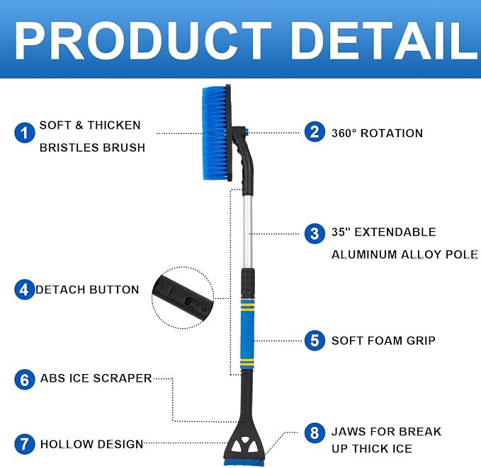 CYDZSW Snow Brush and Ice Scrapers for Car Windshield,Ice Scraper for Freezer,35" Extendable Snow Scraper,Detachable Snow Removal Tool with Ergonomic Foam Grip for Car SUV and Truck (Blue) - Image 6