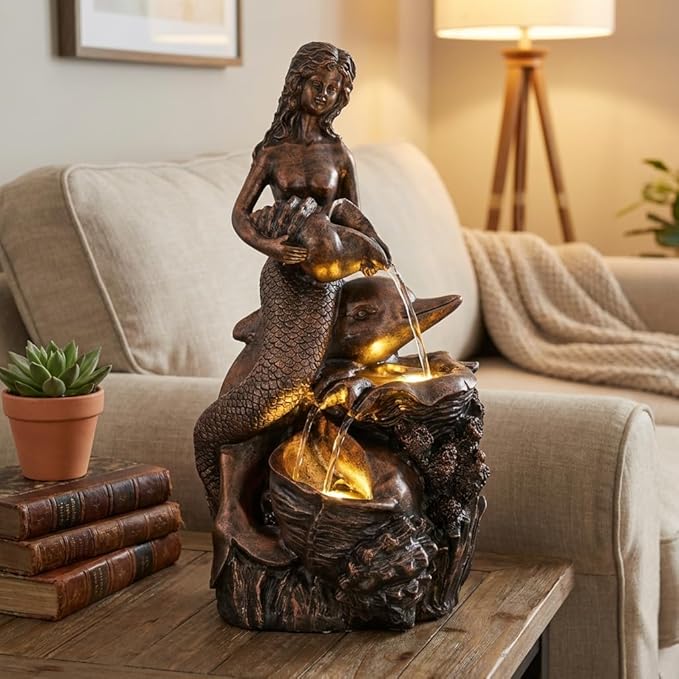 TERESA'S COLLECTIONS 21" Large Mermaid Water Fountains Outdoor with LED Light Auto Slient Pump, Water Features for Yards Patio Garden Balcony Porch, Mermaid Garden Gifts for Mom