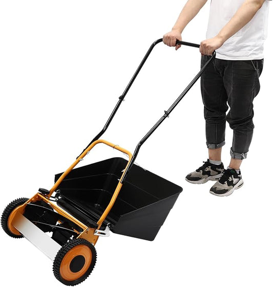 16" Manual Reel Lawn Mower with Grass Catcher, Adjustable Cutting & Handle Height Grass Cutter for Leaves Grass Driveways Courtyards, 5-Blade, Green (16in, Aluminum Wheel) by Lemoeyes