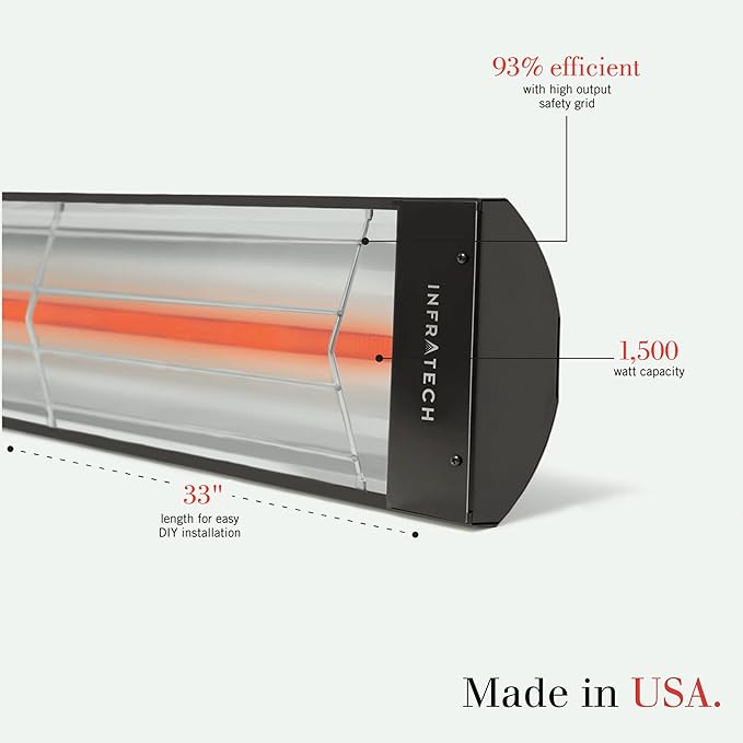 Infratech Comfort Garage Heater, Black Powder Coated Steel,1500 Watt, 120 Volt, 33" Long, Wall or Ceiling Mount Indoor Plug-in Heater