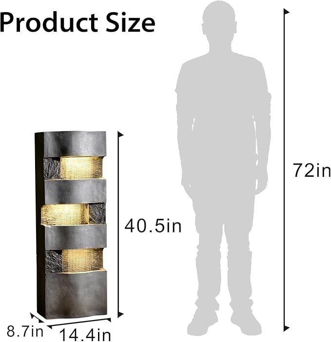 40.5" H Indoor Outdoor Modern Water Fountain with Lights and Pump, Tall 4-Tier Outdoor Freestanding Cascading Waterfall Fountain for Garden, Porch, Yard, Landscape, Indoor Décor, Grey