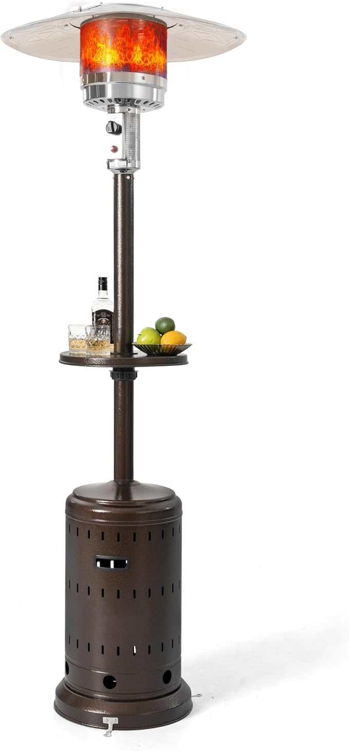Nuu Garden Outdoor Propane Gas Patio Heater with Liftable Drink Stand and Wheels, 304 Stainless Steel Burner Patio Heater for Backyard, Garden, Porch, Brown