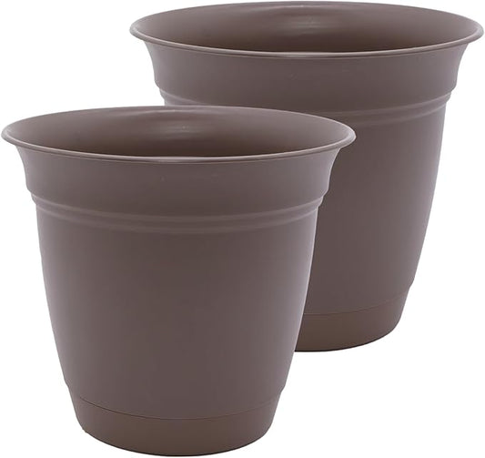 The HC Companies 16 Inch Eclipse Round Planter Pots with Drainage Holes & Attached Saucer, Lightweight UV-Resistant Plastic Indoor & Outdoor Planters, 2-Pack Flower Pots, Garden Home Decor, Cappuccino