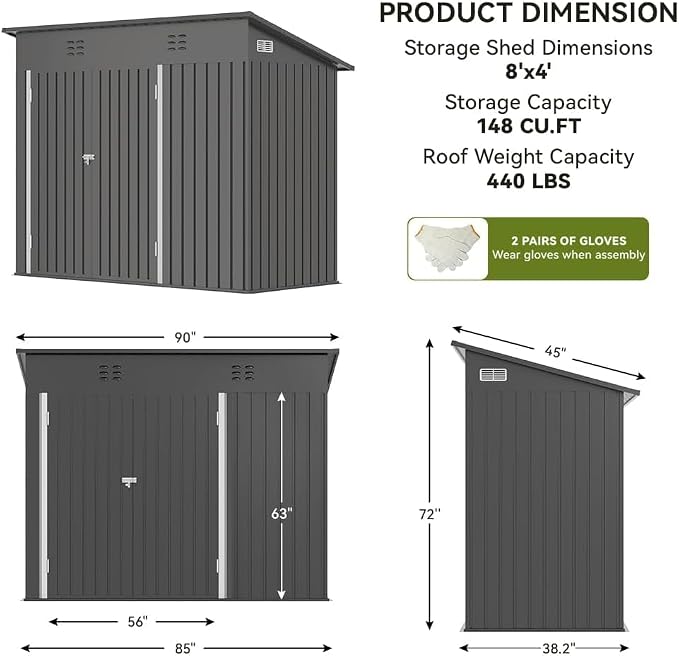 COMHOMA Shed Outdoor Storage Shed Metal,Lockable Doors Tool Sheds with Sloping Roof,Steel Garden Shed with Air Vent for Backyard,Patio,Lawn,Poolside(Grey,8'*4') - Image 7