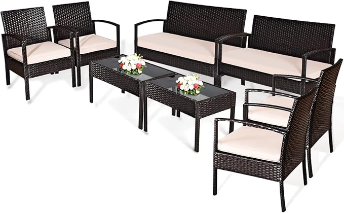 8 Pieces Patio Furniture Set, Wicker Conversation Set with Water-Resistant Cushion & Tempered Glass Table, 2 Set of Porch Deck Furniture Outdoor Rattan Chair for Backyard, Balcony(Beige)