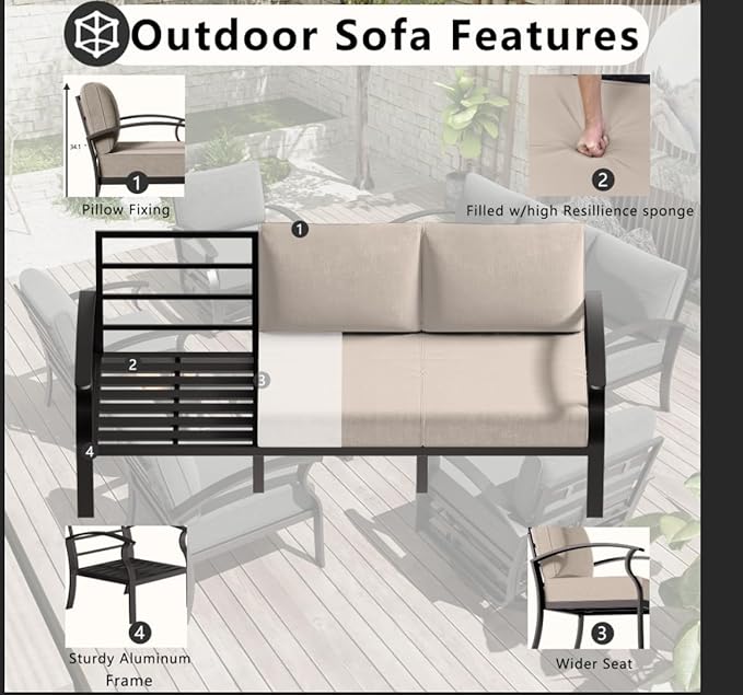 Patio Furniture Set 10 Seats Aluminum Armrest Sofa, Modern Outdoor Living Room Set with 55000 BTU Propane Aluminum Fireplace, Outdoor Rotary Joystick with Thick Cushion