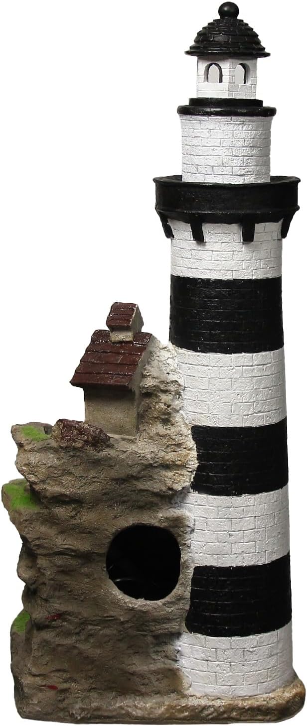 YZM Outdoor Lighthouse Waterfall Fountain 38.58" Tall 3-Tiered Rock Water Feature with LED Lights for Patio, Backyard, or Garden Décor