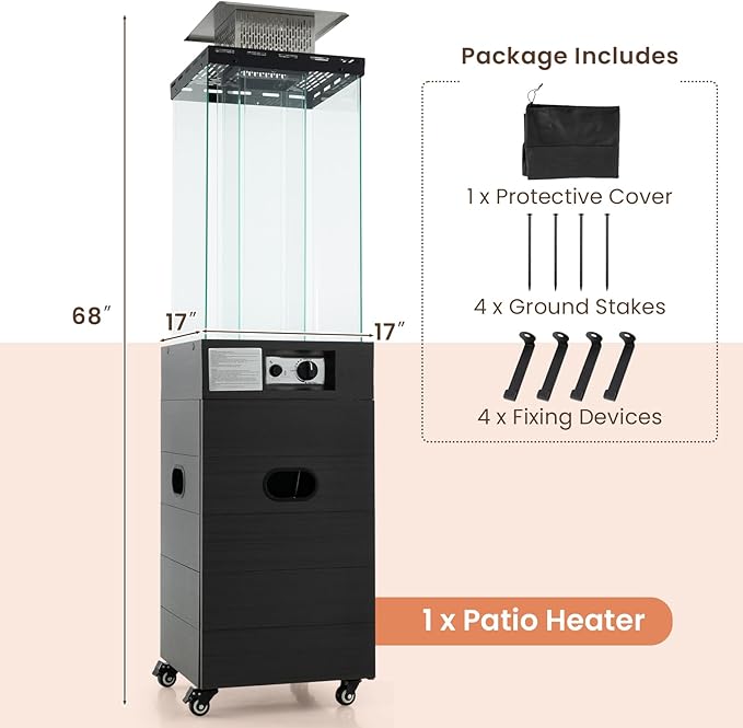 Tangkula Outdoor Heater, 40,000 BTU Propane Patio Heater with Tempered Glass Tube, Stainless Steel Burner, Wheels and Cover, Patio Heater for Outdoor Use, Porch, Backyard (Black)