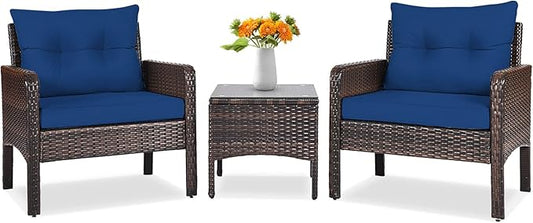 Tangkula 3 Piece Outdoor Patio Furniture Set, Wicker Chairs Set with Glass Top Coffee Table, Thick Cushions, All Weather Garden Lawn Poolside Backyard Porch Furniture Set for 2 (Blue)