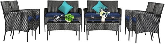 8 Pieces Patio Furniture Set, Outdoor Conversation Set with Ergonomic Curved Backrest, Patio Chair Set with Water-Resistant Cushion & Tempered Glass Table for Balcony, Porch (Navy Blue)