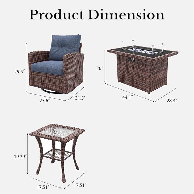 LayinSun 7 Pieces Patio Furniture Set with Swivel Chairs, Rattan Wicker Rocking Glide Chairs with 44" Propane Gas Fire Pit Table Conversation Set