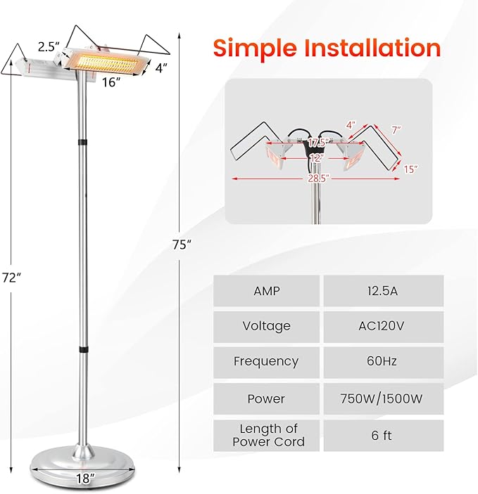 COSTWAY Outdoor Electric Patio Heater, 1500W Standing Infrared Heater with Double-sided Heating, Tip-Over & Overheat Protection, IP65 Waterproof Space Heater for Indoor Outdoor Patio