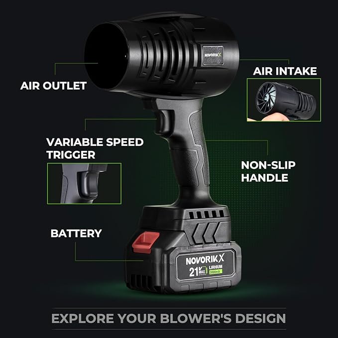 NovorikX 20V Cordless Mini Turbo Leaf Blower, 30000RPM Handheld Snow Blower with 2 X 3.0Ah Batteries & Charger, Ultra-Light, 55m/s for Car/Lawn/Garage Cleaning and Snow Removal - Image 5