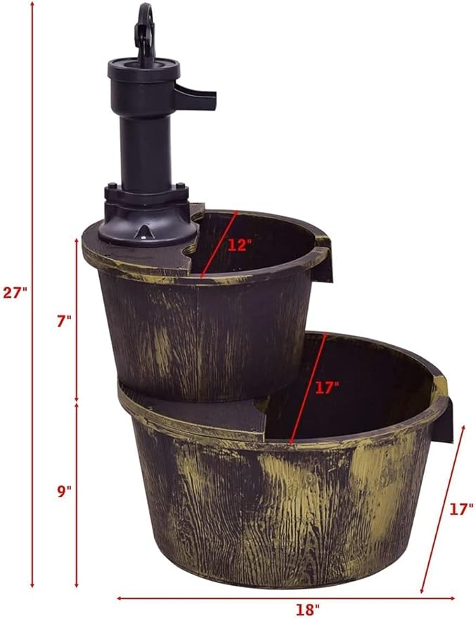 Squareful 2-Tier Outdoor Water Fountain, Rustic Patio Decor w/Hand Pump, Pump Barrel Fountain for Garden, Backyard, Patio