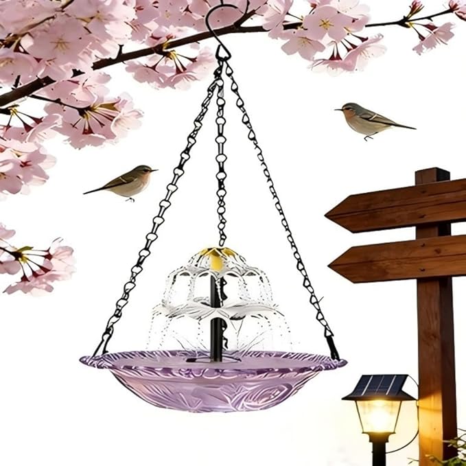 Hanging Solar Bird Bath Fountain 3 Layers,Solar Cascade Hanging Bird Bath Fountain,Hummingbird Water Fountain Solar with Solar Water Pump,Suitable for Gardens,Backyards,Patios,and Lawns. (Purple)