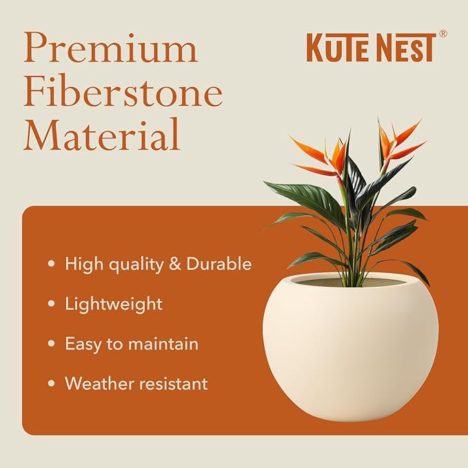 16" H x 20" D Premium Globo Fiberstone Round Planter with Drainage Hole, Weather Resistant for Indoor and Outdoor Use, Included 2 Extra Coco Mats (Kilim Beige, 13.5" Pot Opening)