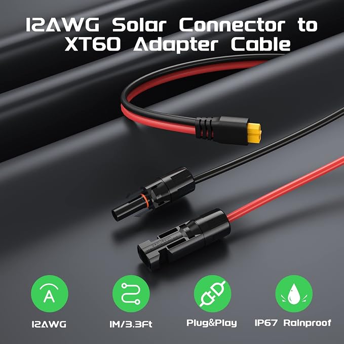 Bateria Power Solar to XT60 Charge Extension Cable 12AWG 3.3Ft Solar Connector to XT60 Adapter Cable for Solar Panel to LiFePO4 Battery RV Portable Power Station Solar Generator - Image 3