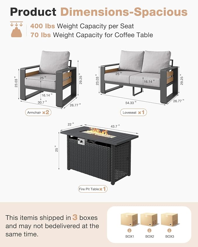 Aoxun Aluminum Patio Furniture Set with Fire Pit Table, 4 Piece Luxury Outdoor Sectional with 6" Olefin Fabric Cushions, Patio Conversation Sets with Waterproof Cover for Backyard, Porch Light Grey