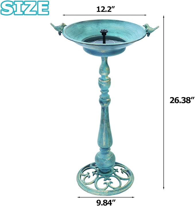 26.6" H Solar Bird Bath, Cast Iron Bird Bath and Solar Fountain, Outdoor Metal Bird Bath Bowl for Outdoors,Patio Yard Lawn Decor