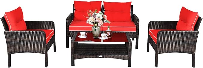 Tangkula 4 Piece Patio Furniture Set, Outdoor Wicker Conversation Set with Glass Top Coffee Table, All Weather Proof and Thick Cushions, Suitable for Porch, Garden, Poolside and Lawn (Red)