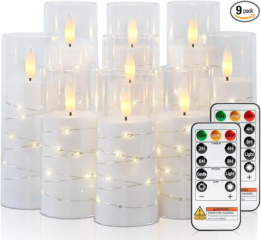 Raycare Flameless Candle with Remote Timer – 9 Flickering Acrylic Battery Operated LED Pillar Candles with Embedded Star String for Valentine's Day, Home Decor, and as a Gift (White)