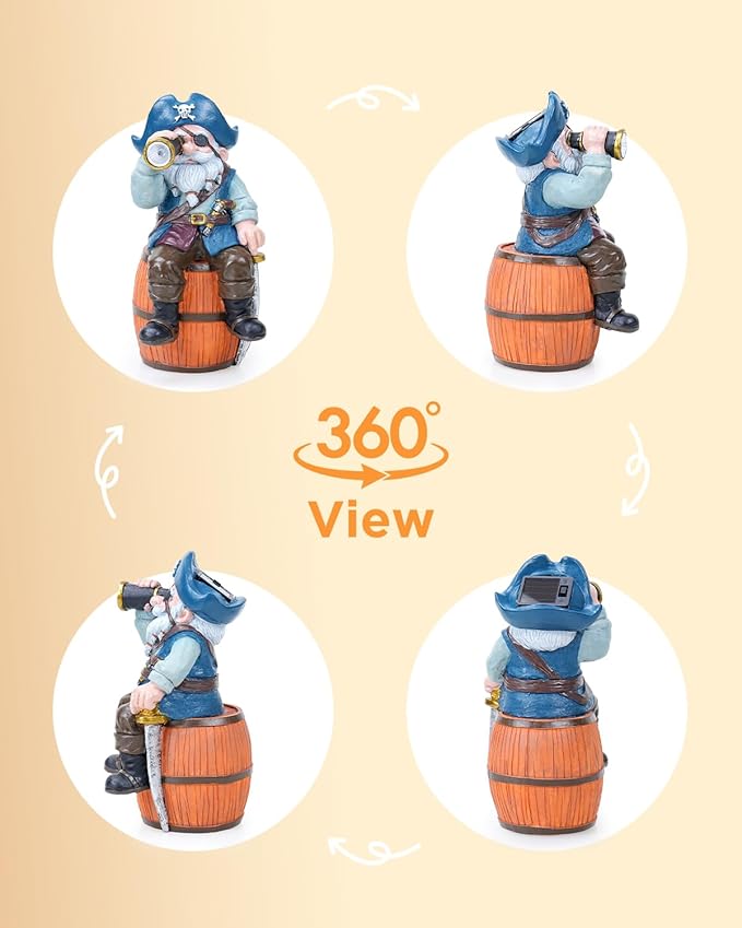 Solar Garden Gnome Statues Funny Resin Pirate Gnome Decorations Sitting on Wine Barrel Outdoor Figurines for Yard Patio Mom Gift