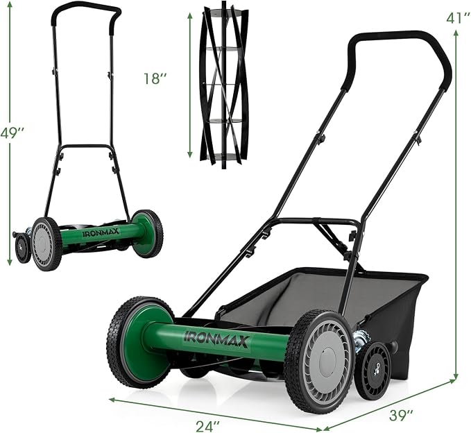 IRONMAX 18 Inch 5-Blade Push Reel Lawn Mower, 9-Level Adjustable Cutting Heights, Removable Grass Catcher, Lightweight No Motor Walk-Behind Manual Grass Cutter for Garden Yard Park (Green, 18 Inch) - Image 3