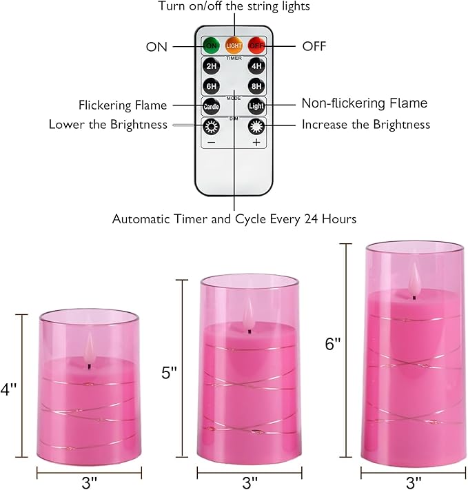 Homemory Flameless Candles with Embedded Star String Fairy Lights, Battery Operated Candles, LED Candle, Fake Candles with Remote Control and Timer, Pink, Set of 3(H 4" 5" 6?€?)