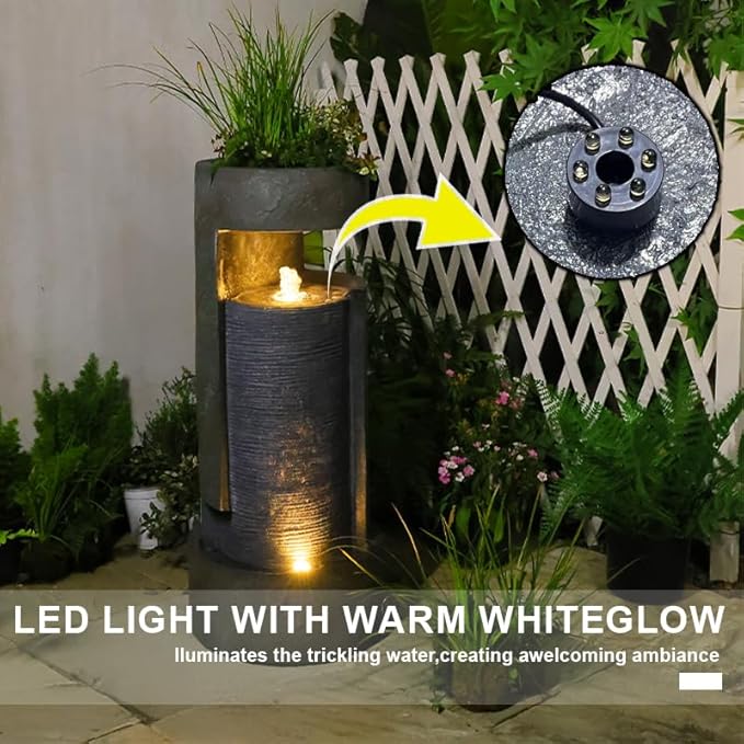 35.9" Tall Modern Indoor/Outdoor Water Fountain with LED Lights and Pump, Freestanding Cascading Waterfall Feature for Garden, Patio, Porch, Yard & Deck Décor – Gray