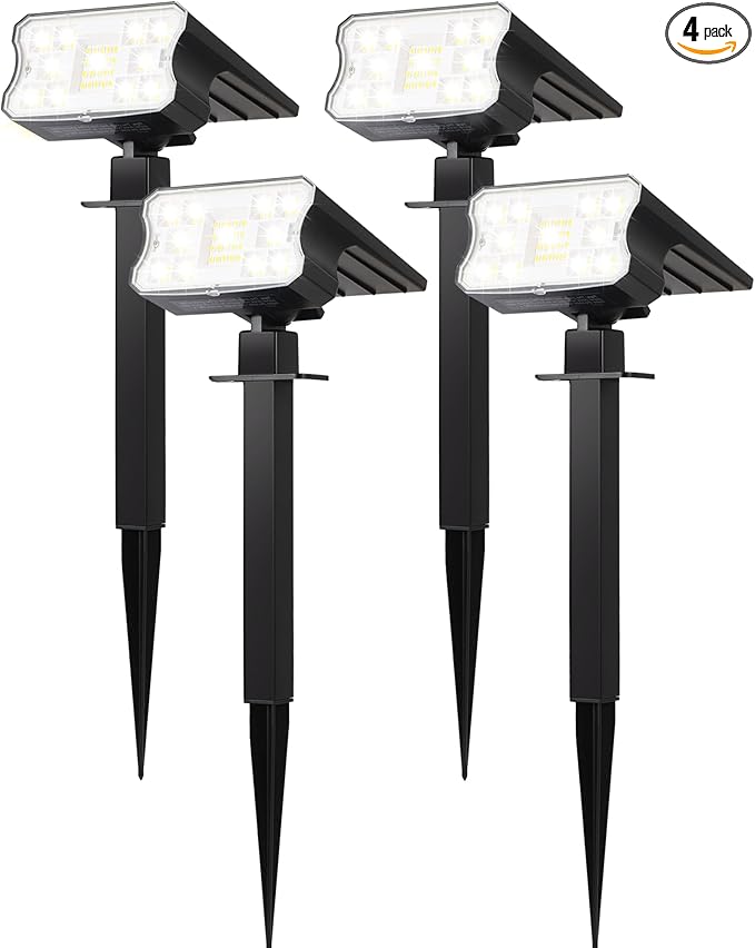 HGGH Solar Lights Outdoor Waterproof IP67, 60 LED 3 Lighting Modes Solar Spot Lights Outdoor for Yard Garden Pathway Landscape, Auto On/Off, Function 2 in 1(Cool White, 4 Pack)