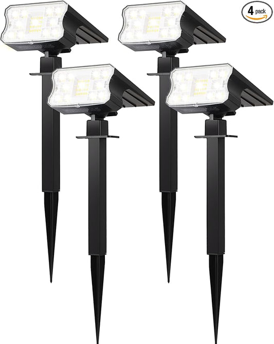 HGGH Solar Lights Outdoor Waterproof IP67, 60 LED 3 Lighting Modes Solar Spot Lights Outdoor for Yard Garden Pathway Landscape, Auto On/Off, Function 2 in 1(Cool White, 4 Pack)