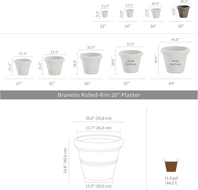Crescent Garden Brunello Classic Rolled Rim Planter Pot, Indoor/Outdoor Weather-Safe Resin Round Plant Pot, 20''W (Caviar Black)