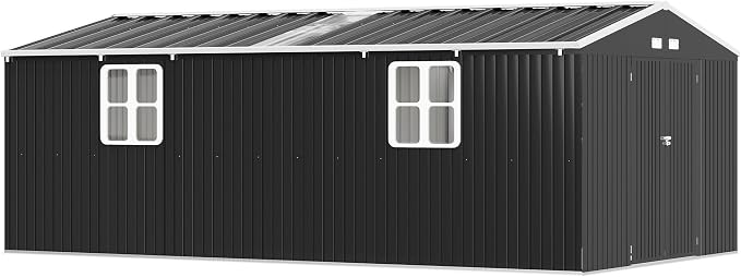 VanAcc 12x20x7.2 FT Outdoor Storage Shed with 2 Transparent Panels, Metal Garden Shed with Hinged Double Doors, Windows & Vents, Reinforced Steel Frame for Backyard Garden, DIY Workshop, Dark Gray - Image 8